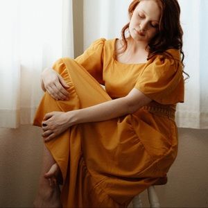 Yellow butterfly sleeve midi dress